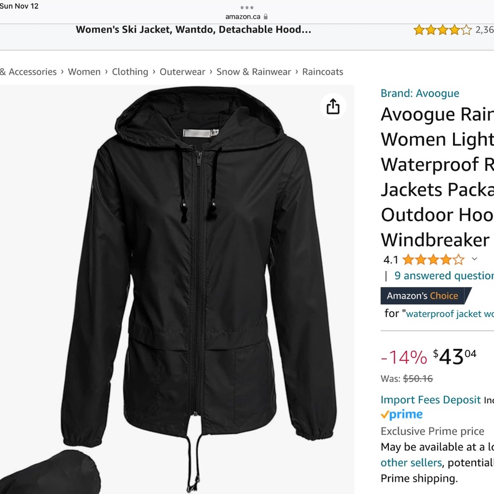 NWT Avoogue Ladies Waterproof Windbreaker, Sz L Black